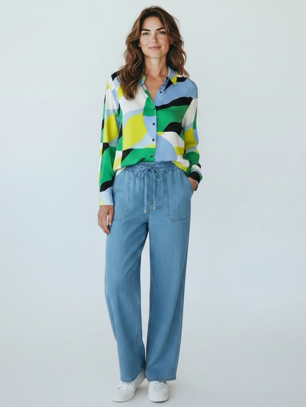 KARL LAGERFELD Multi-Color Geometric Abstract Art Button-Up Blouse Size M